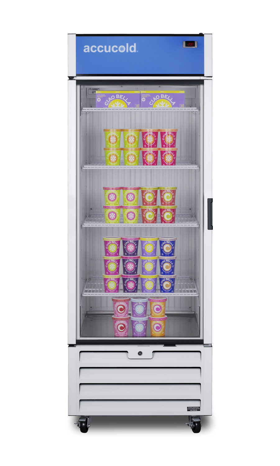 21.34 cu.ft. upright commercial display freezer with self-closing glass door, front lock, and white cabinet